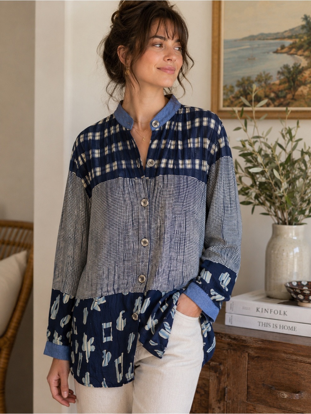 Vintage Connections Related Separates Patchwork Print Button Front Blouse Small